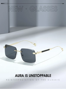 Detailed close-up of metallic gold temples and dark rectangular rimless lenses