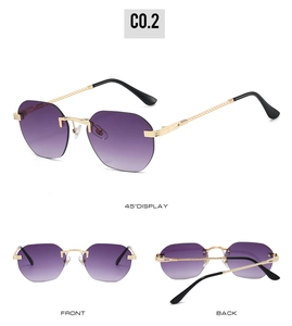 Three-view display of rimless sunglasses with purple gradient lenses and gold twisted temples