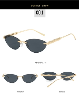 Detailed views of rimless cat-eye sunglasses with gold spiked metal temples and dark lenses