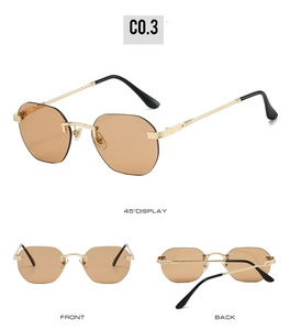Detailed multi-angle views of rimless hexagonal sunglasses with gold textured metal temples