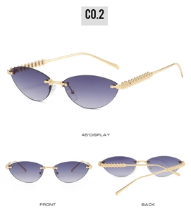 Cat eye rimless sunglasses with gold studded temples shown in multi-angle views