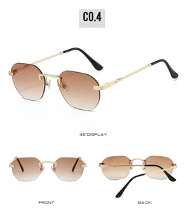 Three perspectives of rimless octagonal sunglasses with brown gradient lenses and gold metal frames