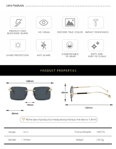 Detailed dimensions and UV400 features of rimless sunglasses with gold metal temples