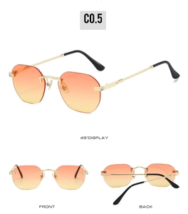 Detailed views of rimless octagonal sunglasses with orange gradient lenses and gold rope arms