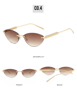 Three views showing rimless cat-eye sunglasses with gradient brown lenses and gold studded legs