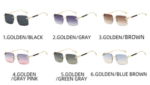 Detailed grid of rimless square sunglasses with gold metal temples in six lens colors