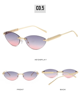 Detailed views of rimless cat-eye sunglasses with gradient lenses and studded gold metal legs