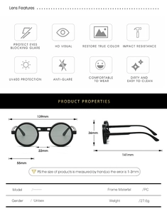 Tableau des tailles pour lunettes de soleil rondes rétro avec dimensions monture PC