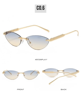Detailed views of rimless cat-eye sunglasses with gradient lenses and rivet metal temples