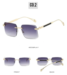 Three-way view of rimless gradient purple sunglasses with golden metal temples