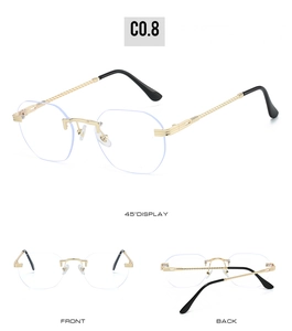 Three-view layout of rimless geometric sunglasses with gold metal frame and gradient lenses