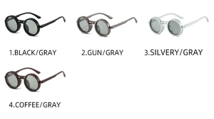 Grille détaillée montrant des lunettes de soleil rondes steampunk en noir, gris, argent et café