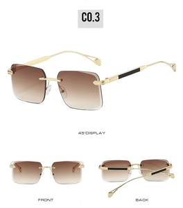Three-view display of rimless rectangle sunglasses with gold metal temples and brown lenses
