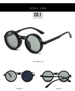 Vues multiples de lunettes de soleil rétro à monture noire ronde avec verres gris clair