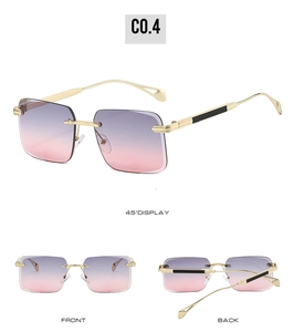 Three-view display of rimless gradient purple sunglasses with golden metal temples
