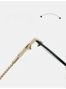 Close-up of durable metal hinge and spiral twisted temple design on rimless sunglasses