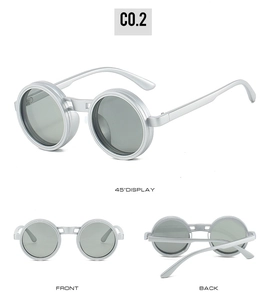 Vue sous trois angles de lunettes de soleil steampunk avec monture ronde en métal argenté et verres gris