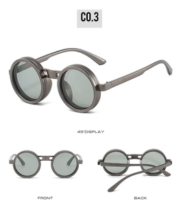 Trois vues de lunettes de soleil rondes rétro en métal gris avec design steampunk