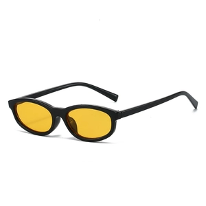 Retro oval sunglasses with glossy black frames and bright yellow translucent lenses
