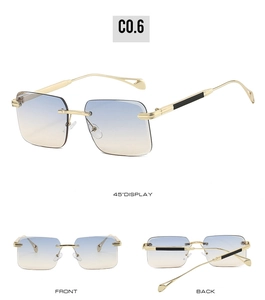 Multiple views of rimless square sunglasses with gold metal temples and gradient lenses