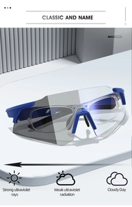 Detail of blue half-frame photochromic sports glasses with detachable myopia frame
