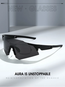 Detail view of premium black sports sunglasses with dual-layer lens and matte frame