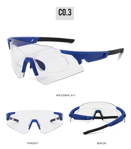 Detail view of anti-fog cycling glasses featuring a removable inner myopia frame and blue trim