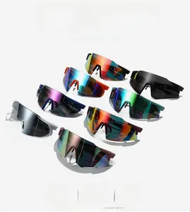 Detail of professional cycling sunglasses with wrap-around frames and colorful mirrored lenses