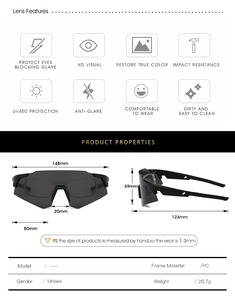Detailed size specifications for black unisex pilot cycling sunglasses with PC frame