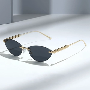 Rimless Cat Eye Sunglasses Metal Frame Gradient Lens UV400 Protection Punk Rivet Decor Trendy Eyewear For Men Women