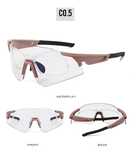 Three views of pink tactical glasses with internal frame for prescription lenses