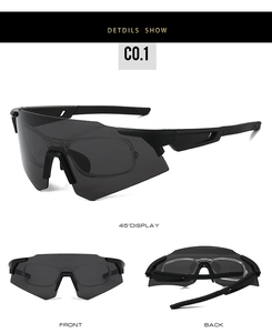 Detail view of matte black cycling sunglasses with inner optical frame and grey lenses