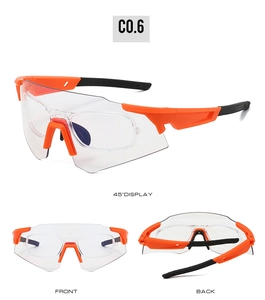 Three-view display of sports safety glasses with RX insert and orange-black frame