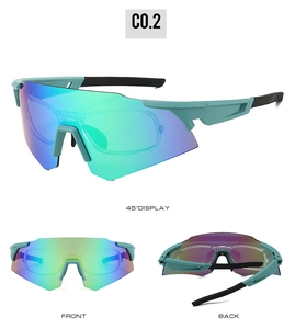 Three-angle view of mint green cycling sunglasses with blue-green polarized lenses