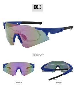 Blue cycling sunglasses with polarized lenses showing front, back, and 45-degree views