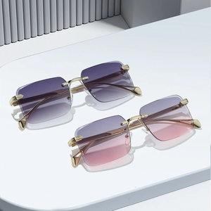 Fashion Rimless Rectangular Sunglasses Gradient Lenses Metal Temples UV400 Protection Vintage Sun Glasses For Women And Men