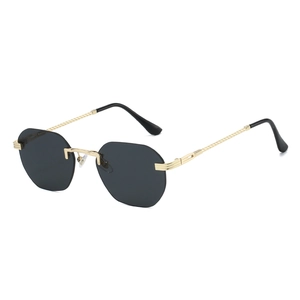 Chic rimless hexagonal sunglasses with gold twisted temples and gradient grey lenses