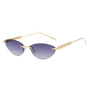 Modern rimless cat eye sunglasses with purple gradient lenses and gold studded metal arms