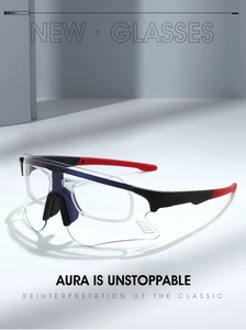 Detail of red and black sports sunglasses featuring a removable inner myopia frame lens