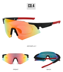 Three views of professional cycling sunglasses with red mirrored lens and myopia inner frame