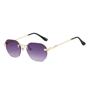 Octagonal rimless metal sunglasses with purple gradient lenses and twisted gold temples
