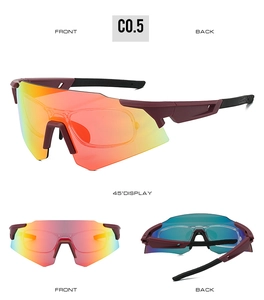 Front and 45-degree angle view of red cycling sunglasses with reflective lenses