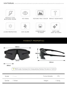 Detaillierte Größentabelle für Radsport-Sonnenbrillen mit Rahmenmaßen und PC-Material-Infos