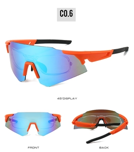 Multi-angle view of orange pilot sports sunglasses with blue mirrored lens and myopia frame