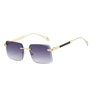 Frameless square sunglasses with purple gradient lenses and gold metal temples