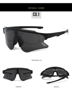 Detaillierte Dreiseitenansicht der schwarzen Radsport-Sonnenbrille mit grauen Gläsern