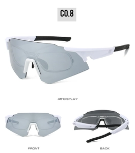 Multi-angle view of white cycling sunglasses with a black inner frame for myopia lenses