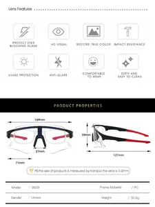 Detailed technical specification chart with dimensions for photochromic sports sunglasses