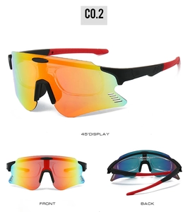 Vorder- und Seitenansicht der rahmenlosen Radsportbrille mit roten Verlaufsgläsern