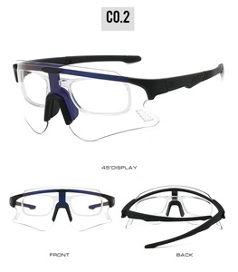 Three views of photochromic sports sunglasses with myopia frame and black-blue frame